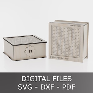 May include: Two wooden money boxes with a grid pattern for saving. One box has a gear design with the letter "H". The other box has a savings chart with the text "TARGET: 1000" and "SAVING FOR DREAMS". The bottom of the image reads "DIGITAL FILES SVG - DXF - PDF".