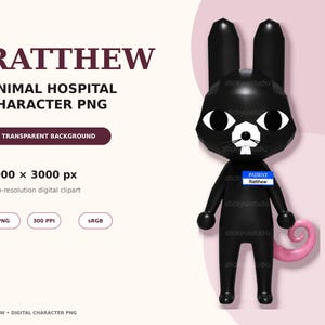 Peut inclure: Un personnage de rat noir avec de grandes oreilles, des yeux blancs et deux dents de devant. Le personnage porte un badge bleu avec l'inscription PATIENT Ratthew et a une queue rose enroulée. Le texte RATTHEW ANIMAL HOSPITAL CHARACTER PNG est visible.