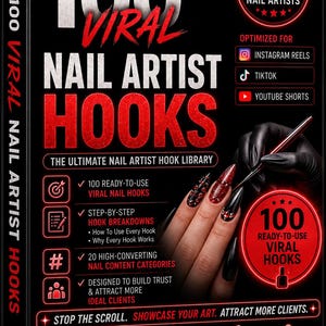 Könnte beinhalten: Ein schwarzes, rechteckiges digitales Produktcover mit dem Titel 100 Viral Nail Artist Hooks von Elena.ai. Das Design zeigt roten Text, Symbole und eine Hand mit langen, spitzen, schwarz-roten Glitzernägeln, die einen dünnen Pinsel hält.