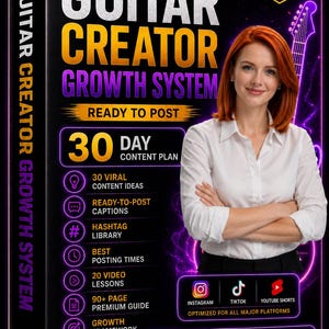 May include: A black rectangular box for the ELENA.AI Guitar Creator Growth System featuring text detailing a 30-day content plan, 30 viral ideas, captions, hashtags, 20 video lessons, and a 90-page guide, with icons for Instagram, TikTok, and YouTube.