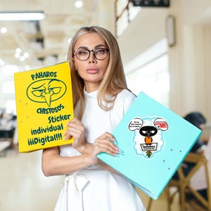 May include: A woman holds two binders. One is yellow with the text "Pájaros Chistosos Sticker individual ¡¡¡Digital!!!" and a cartoon bird. The other is light blue with a cartoon bird and speech bubbles.