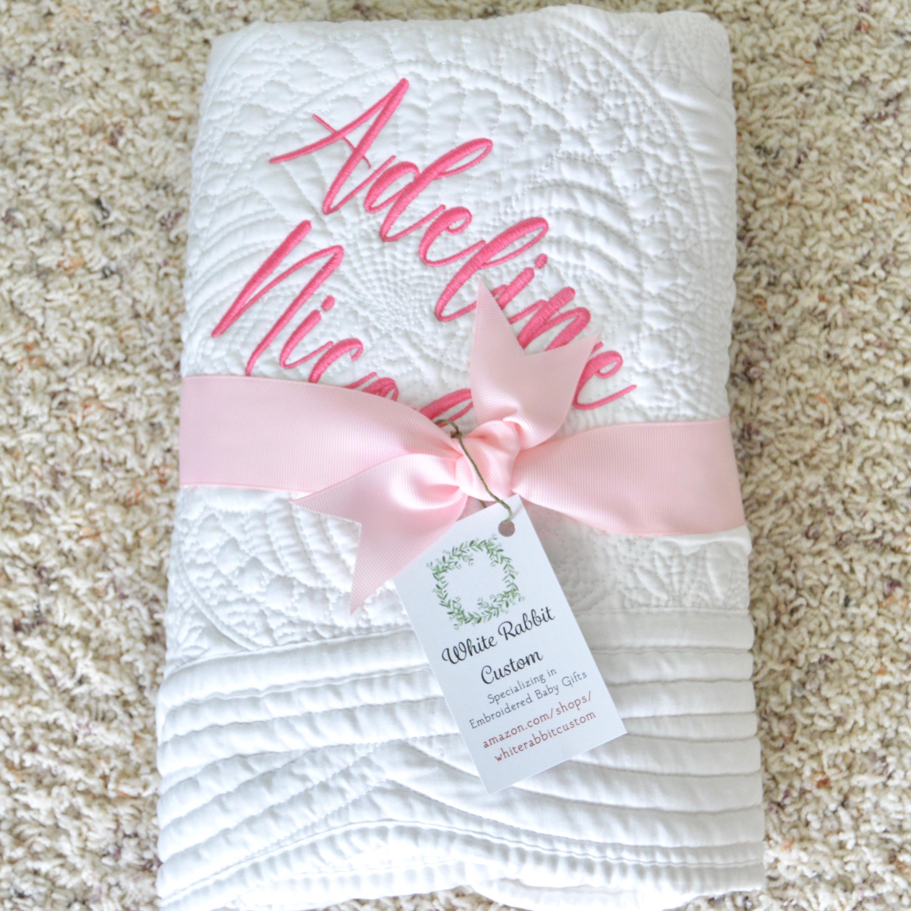 Personalized Baby Blanket Quilt With Embroidered Name & Date - Custom Lightweight Gift For Newborns
