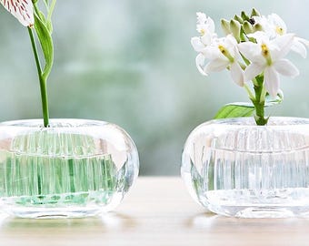 Könnte beinhalten: Zwei klare Glasvasen mit einem abgerundeten, gerippten Design. Jede Vase enthält einen einzelnen Blumenstiel. Die linke Vase enthält eine weiß-violett gestreifte Inkalilie, während die rechte Vase ein Büschel kleiner, weißer Sternblüten hält.