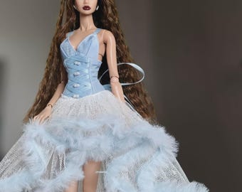 Made-to-Order 1/6 Christmas Tulle Doll Dress – Strappy Corset-Style Party Gown in Light Blue or White