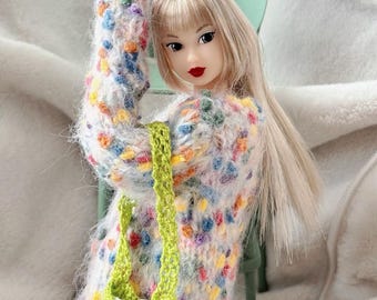 Ready to Ship Rainbow Knit Doll Cardigan – Hand-Knit Sweater for 11–12 Inch Barbie, Poppy Parker & Fashion Royalty