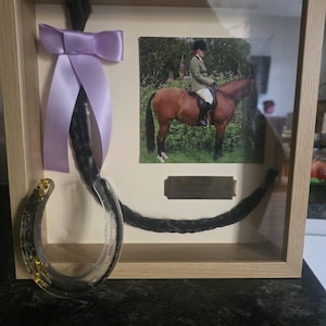 Pode incluir: Uma moldura de madeira clara contendo uma fotografia de uma pessoa montada num cavalo castanho, uma longa cauda de cavalo entrançada preta atada com uma fita de cetim lavanda e uma ferradura de resina transparente com flocos dourados.