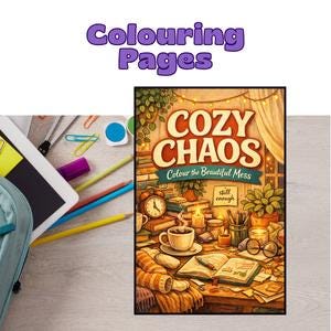May include: A colorful image of a coloring book titled "Cozy Chaos" with the text "Colour the Beautiful Mess." The book is on a desk with a cup of coffee, books, and candles. The words "Colouring Pages" are at the top.