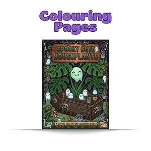 Może przedstawiać: Kolorowanka zatytułowana "Spooky Cute Houseplants" z donicą w kształcie trumny wypełnioną kreskówkowymi duchami i roślinami. Okładka zawiera tekst "Colouring Pages" i "A Gothic Vegetation Colouring Book."