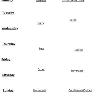 May include: A white paper labelled "Grocery List" with sections for each day of the week. Categories include Protein, Vegetables/Fruits, Dairy, Carbs, Pets, Snacks, Other, Beverages, Household, and Condiments/Spices.