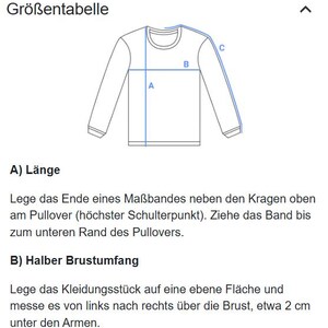 May include: Diagram illustrating clothing measurements for a long-sleeved shirt. The diagram shows how to measure the length, half chest circumference, and sleeve length of the garment. Text in German explains the measurement process.