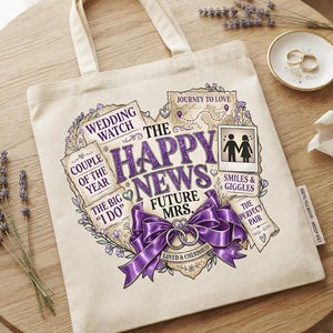 May include: A cream-coloured canvas tote bag featuring a heart-shaped graphic with purple text reading THE HAPPY NEWS, FUTURE MRS., WEDDING WATCH, COUPLE OF THE YEAR, THE BIG I DO, JOURNEY TO LOVE, SMILES & GIGGLES, THE PERFECT PAIR, and LOVED & CHERISHED.