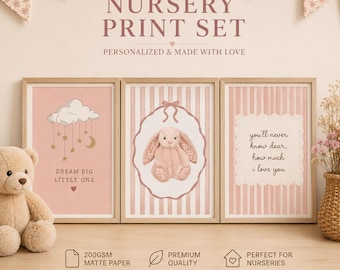 Set of 3 Pink Nursery Wall Art Prints | Soft Toy Inspired Illustration Drawings | Cute Plush Aesthetic Baby Girl Room Decor | Minimal Nurser