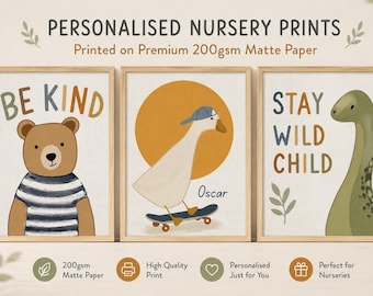 Personalised Nursery Prints Set of 3 | Woodland Animal Wall Art | Custom Name Nursery Decor | Bear Goose Dinosaur Prints | Neutral Baby Room