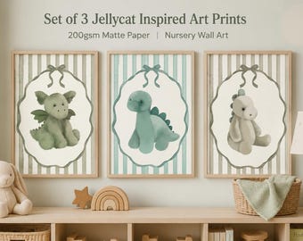 Set of 3 Dinosaur Nursery Prints | Sage Green Baby Room Wall Art | Dragon & Dino Watercolor Prints | Neutral Nursery Decor | Matte Paper Pri