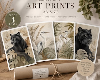 Set of 4 Neutral Safari Animal Prints | Heron, Panther, Botanical Jungle Wall Art