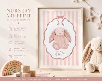 Personalised Jellycat Bunny Nursery Art Print | Neutral pink Watercolor Rabbit Decor