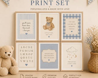 Set of 6 Neutral blue Nursery Art Prints | Bear, cloud, Alphabet Decor