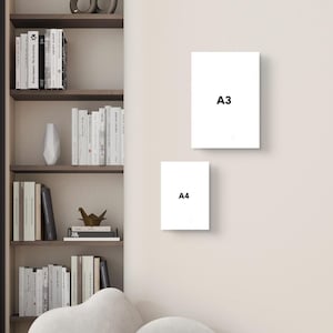 May include: Two rectangular white posters mounted on a plain wall, labeled A3 and A4 in black text. To the left, a tall shelving unit contains multiple white and black books, a white vase, and a small gold-colored bird-shaped decorative object.