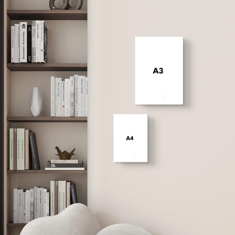 May include: Two rectangular white posters mounted on a plain wall, labeled A3 and A4 in black text. To the left, a tall shelving unit contains multiple white and black books, a white vase, and a small gold-colored bird-shaped decorative object.