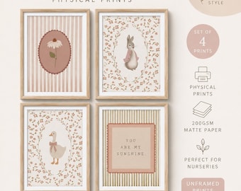 Set of 4 Vintage Nursery Prints | Bunny & Goose Wall Art | Neutral Pink Floral Nursery Decor | Cottagecore Nursery Prints | Physical A4 Prin