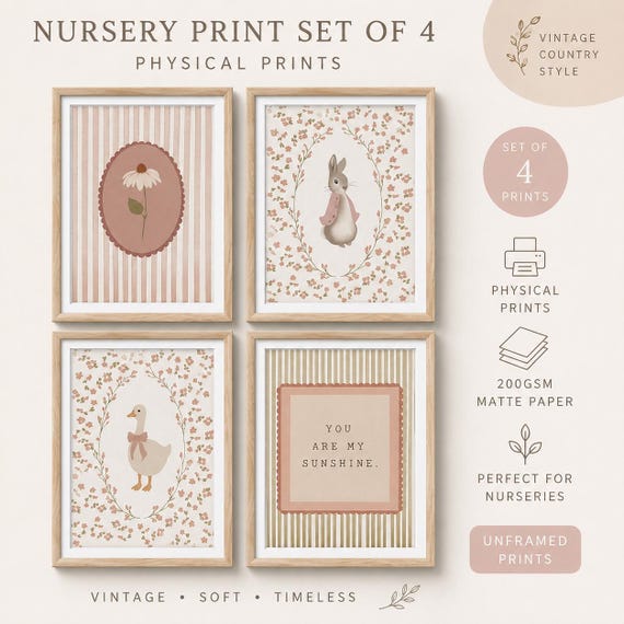 Set of 4 Vintage Nursery Prints | Bunny & Goose Wall Art | Neutral Pink Floral Nursery Decor | Cottagecore Nursery Prints | Physical A4 Prin