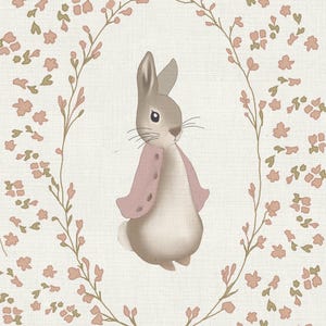 May include: A light brown rabbit wearing a pink jacket, centered within an oval frame of delicate pink flowers and green stems on a textured off-white background. The illustration features soft shading and a clean, simple artistic style.