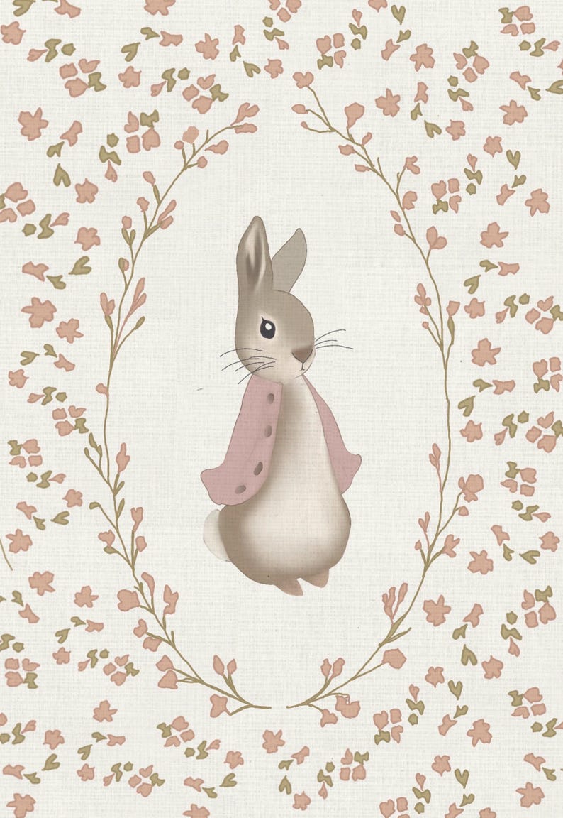 May include: A light brown rabbit wearing a pink jacket, centered within an oval frame of delicate pink flowers and green stems on a textured off-white background. The illustration features soft shading and a clean, simple artistic style.