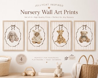Set of 4 Neutral Beige Nursery Wall Art Prints | Plush Toy Inspired Illustration Set | Minimal Baby Room Decor | Soft Aesthetic Nursery Prin