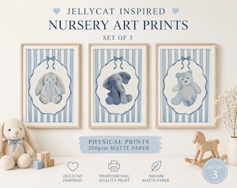 Set of 3 Blue Nursery Wall Art Prints | Soft Toy Inspired Illustration Drawings | Cute Plush Aesthetic Baby Boy Room Decor | Minimal Nurser