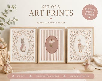 Pink Bunny Goose Nursery Prints Set of 3, Floral Cottagecore Wall Art, Vintage Style Nursery Decor, Girl Nursery Prints, Daisy Wall Art, Neu
