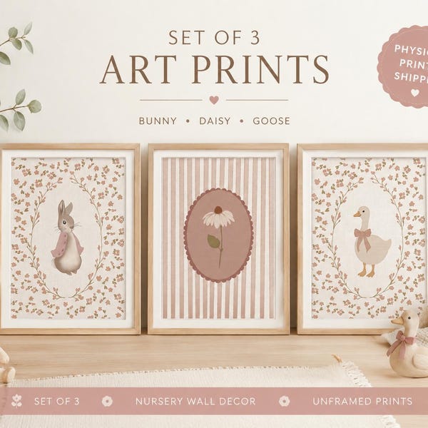 Pink Bunny Goose kwekerij prints set van 3, bloemen cottagecore kunst aan de muur, vintage stijl kinderkamer decor, meisjes kinderkamer prints, madeliefje kunst aan de muur, nieuw