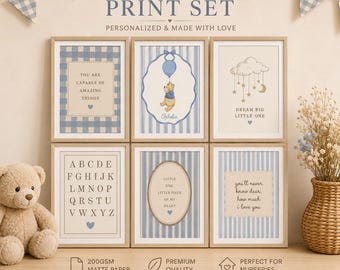 Set of 6 Neutral blue Nursery Art Prints | Bear, cloud, Alphabet Decor