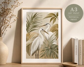 Vintage Heron Botanical Print | Neutral Jungle Wall Art (A3)