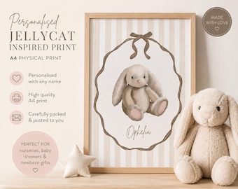 Personalised Jellycat Bunny Nursery Art Print | Neutral Beige Watercolor Rabbit Decor (A4 Physical Print)