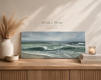 Original Ocean Wave Oil Painting on Canvas – Minimal Coastal Seascape Wall Art, 30x70 cm