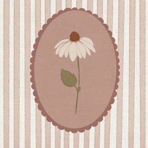 May include: A vertical wall art print featuring a single white daisy with a brown center and a green stem on a dusty rose oval background with a scalloped edge, set against a backdrop of vertical dusty rose and white stripes on a textured surface.