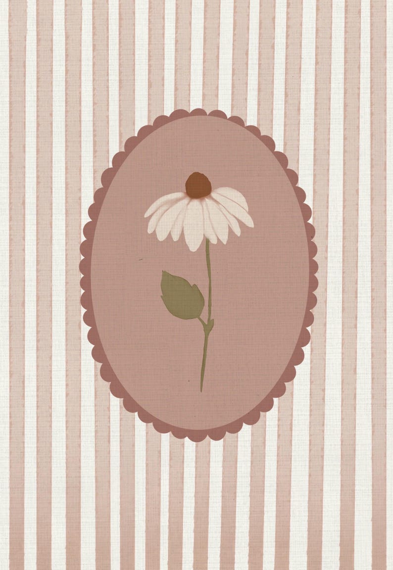 May include: A vertical wall art print featuring a single white daisy with a brown center and a green stem on a dusty rose oval background with a scalloped edge, set against a backdrop of vertical dusty rose and white stripes on a textured surface.