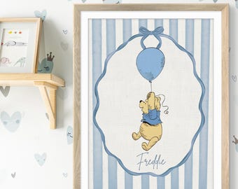 Personalised Blue Bear print Nursery Art Print | Neutral blue Watercolor bear Decor