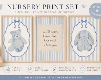 Personalised Soft Blue Teddy Bear & Bunny Nursery Print Set | Whimsical Baby Boy Wall Art | Jellycat plushie prints | Neutral Nursery Decor