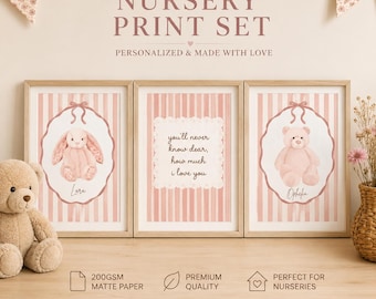 Set of 3 Personalised Nursery Wall Art Prints | Soft Toy Inspired Illustration Drawings | Cute Plush Aesthetic Baby Girl Room Decor