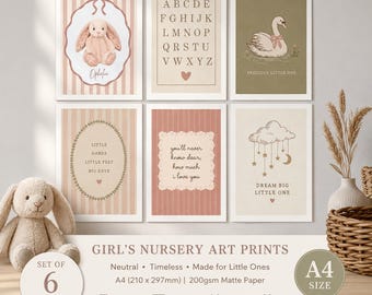 Set of 6 Neutral Nursery Art Prints | Bunny, Swan, Alphabet Decor