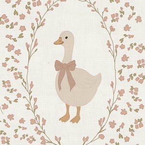 May include: A digital illustration of a light beige goose wearing a dusty pink bow around its neck. The goose is centered within an oval frame composed of delicate, thin stems with small, scattered dusty pink flowers and green leaves.