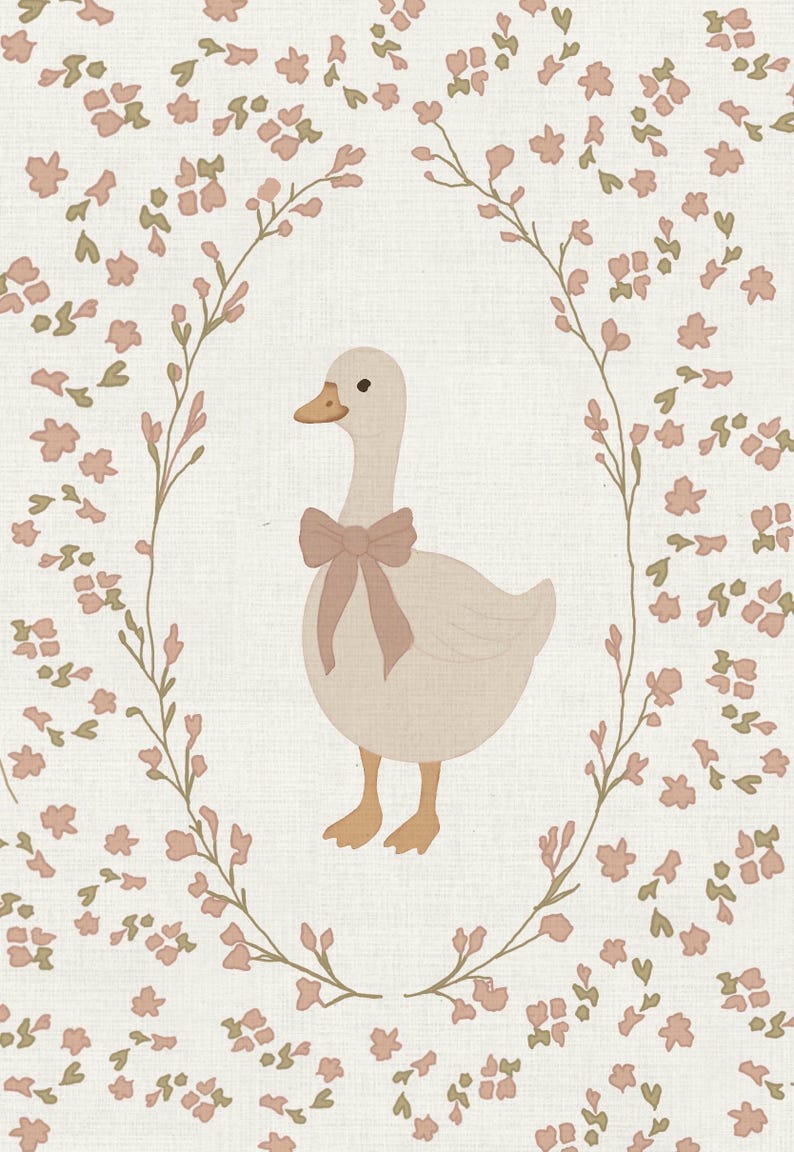 May include: A digital illustration of a light beige goose wearing a dusty pink bow around its neck. The goose is centered within an oval frame composed of delicate, thin stems with small, scattered dusty pink flowers and green leaves.