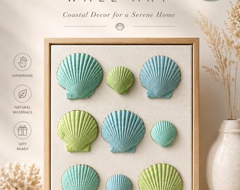 3D Shell Wall Art Canvas | Handmade Coastal Decor in Pastel Blue & Green