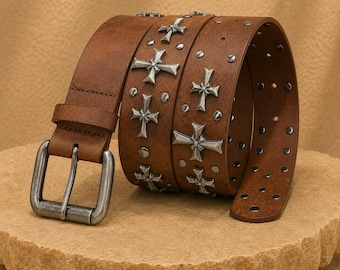 Cross Stud Punk Belt, Unisex Faux Leather Gothic Waist Belt, Rock Emo Grunge Y2K Alternative Fashion Accessory