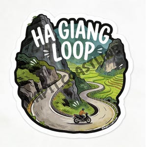 May include: A sticker depicting a scenic road through mountains, with the words "HA GIANG LOOP". A motorcyclist is shown on the road. The design includes green terraced fields and rocky cliffs.