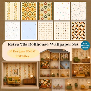 Könnte beinhalten: Eine digitale Sammlung von 10 druckbaren Puppenhaus-Tapetendesigns mit Mustern wie Blumenstreifen, geometrischen Formen und abstrakten Motiven in Orange-, Grün- und Cremetönen, dargestellt als einzelne Bögen und in Miniaturräumen.
