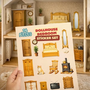 Dollhouse Bedroom Stickers 1:12 Scale Mini Furniture PNG PDF A4 Sheet for Crafts