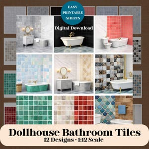 May include: A digital download featuring 12 dollhouse bathroom tile designs in a 1:12 scale. The image showcases various tile patterns, including marble, mosaic, and geometric styles, with miniature bathroom scenes.