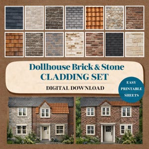 May include: A digital download set featuring various brick and stone cladding options for dollhouses. The image showcases different textures and colors, including red, brown, gray, and beige. The set includes easy printable sheets for miniature house projects.